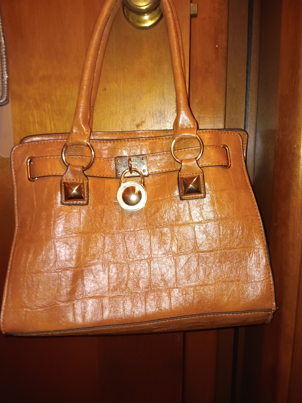 Classic Tan Structured Tote Bag with Gold Hardware